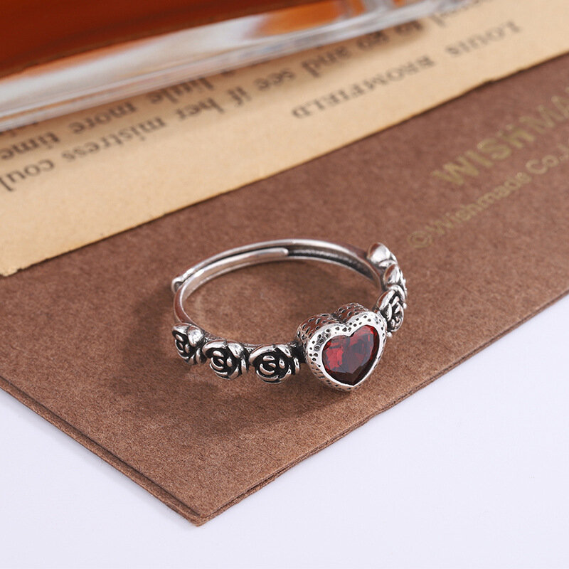 925 Sterling Silver Rings For Women Men Red Heart Simple Trendy Retro Adjustable Anillos Party Gifts Fine Accessories