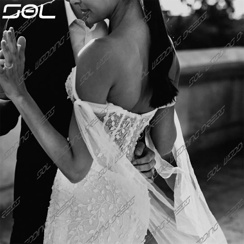 SOL seksowne aplikacje koronkowe 3D slubne suknie ślubne eleganckie paski Spaghetti Backless suknie ślubne syrenka Vestidos De Novia