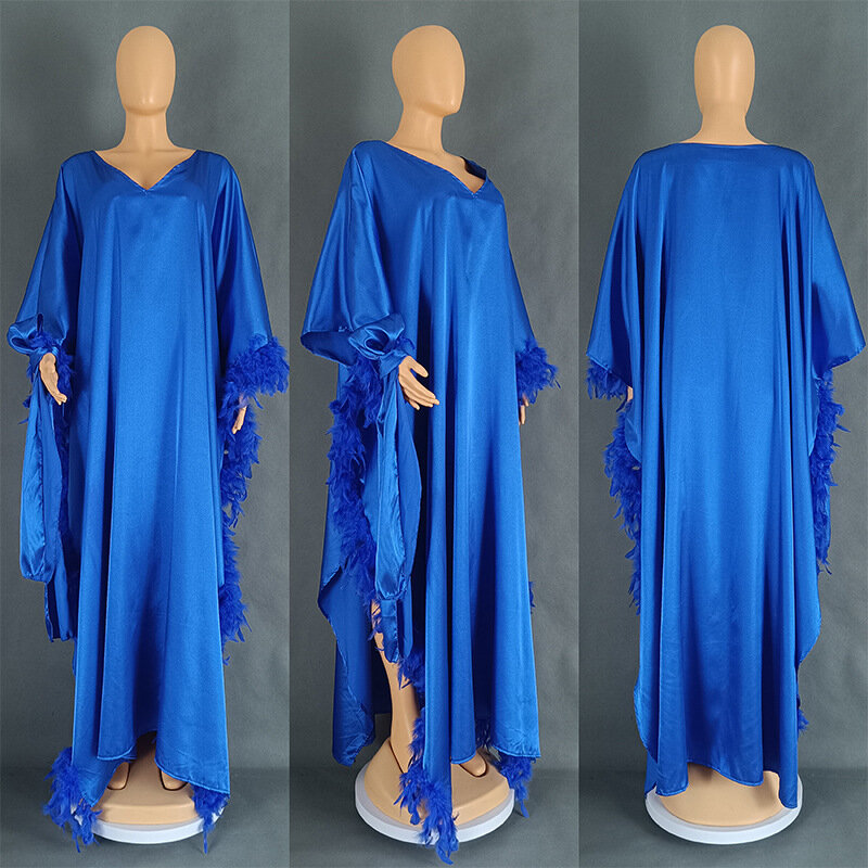 Dashiki African Bazin Riche Dress For Women Africa Clothing Loose Feather Bat Sleeve High Slit Robe Africaine Femme Maxi Dress