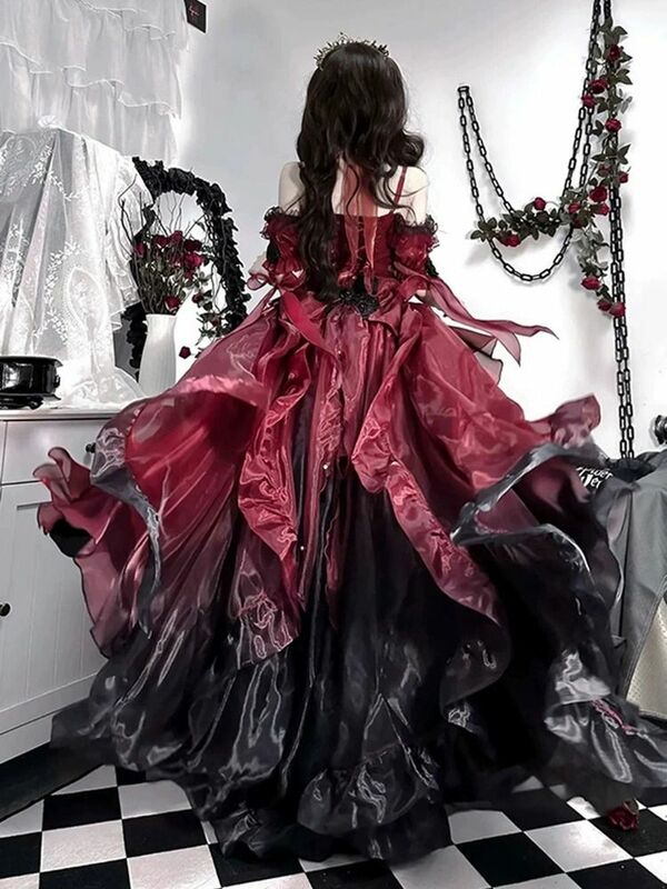 Gaun putri kostum Lolita menikah mawar merah kostum Halloween gaun Pompadour gaun putri Hemline tidak beraturan