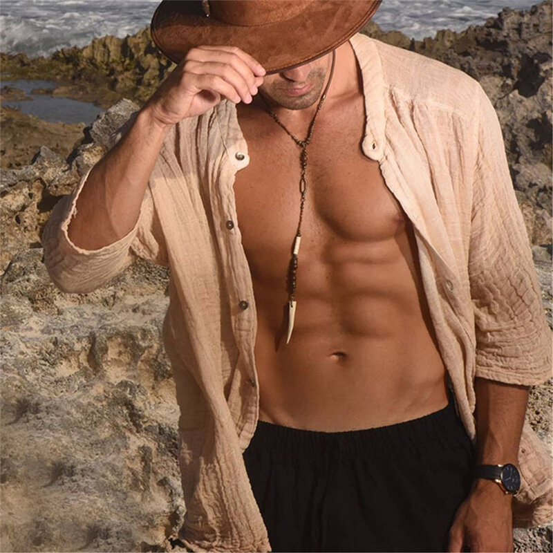 Baju katun Linen pria musim panas baru 2024 atasan pantai longgar lengan panjang kemeja liburan kasual Baju Pria warna Solid pakaian jalanan