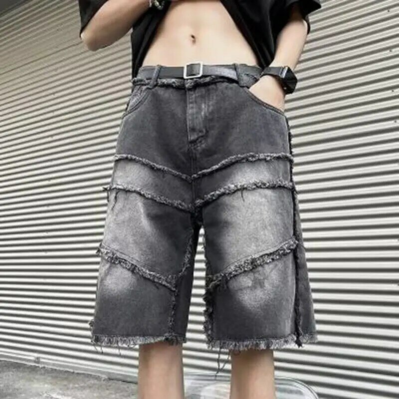 Men's  Tassels Short Jeans 2024 Summer New Fashion Casual Slim Big Hole Retro Style Denim Shorts Male y2k Brand Clothes