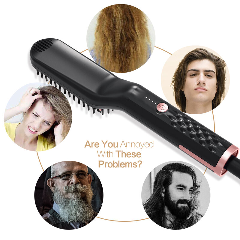 Alisador de cabelo elétrico rápido, pente profissional de alisamento de barba, escova lisa para homens, 2 em 1