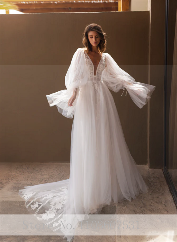 Bohemian Deep V-neck Appliques Lace Tulle Wedding Dress for Women with Removable Sleeve A-line Court Illusion Wedding Gown