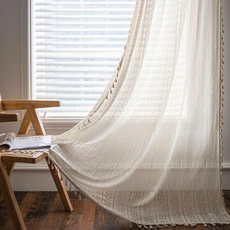 Beige Crochet Katun Tirai Semi-shading Negara Amerika Kelambu Berongga Ruang Tamu Balkon Kamar Tidur Jendela Retro Rumbai Deco