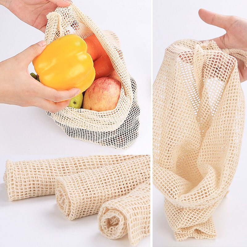 Bolsa de almacenamiento para verduras, malla de algodón con cordón, reutilizable para frutas y verduras, ideal cocina