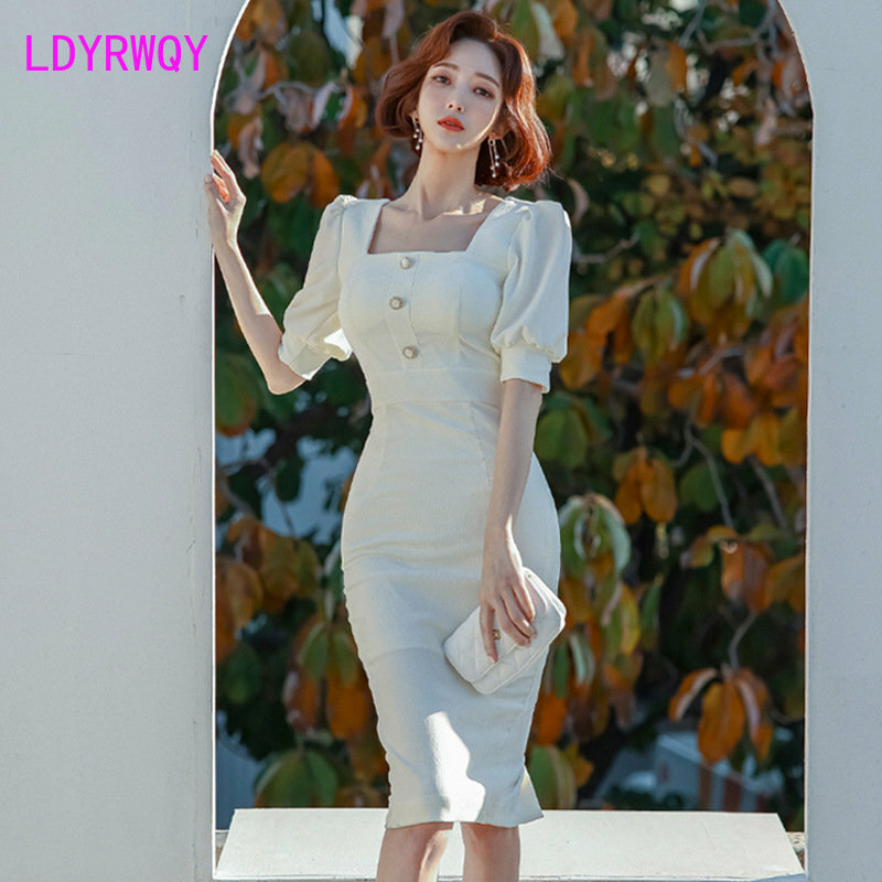 Gaun musim panas 2023 model Fashion gaya Korea, leher persegi lengan gelembung ramping pas badan bungkus pinggul terpisah