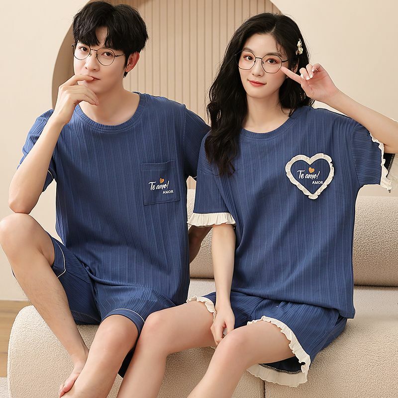 Couple Sleepwear Men Women Cotton Pajamas Set Short Sleeve Pullover Shorts Summer Pajamas Loungewear Loose Kawaii Clothes 2Pcs