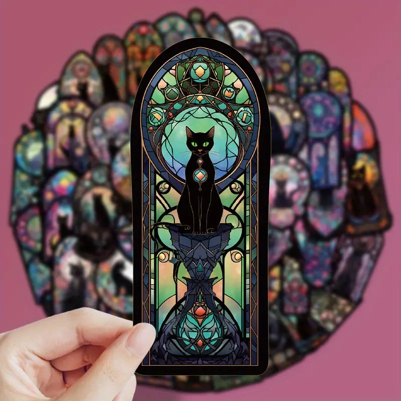 50pcs Black Gothic Style Cat Tarot Stickers Desktop Tablet Glass Notebook Phone Case Decoration Waterproof Stickers