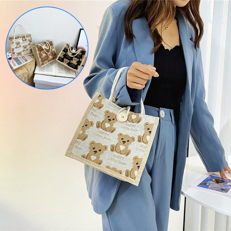 Bear Linen Tote Bag Female Outing Hand Bag Ins Japanese Small Shoulder Bag Student Shoulder Bag Trend