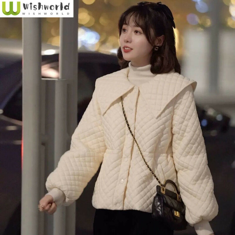 Outono e inverno 2022 versão coreana nova moda temperamento boneca gola cintura casaco de algodão + magro casual elegante casaco feminino