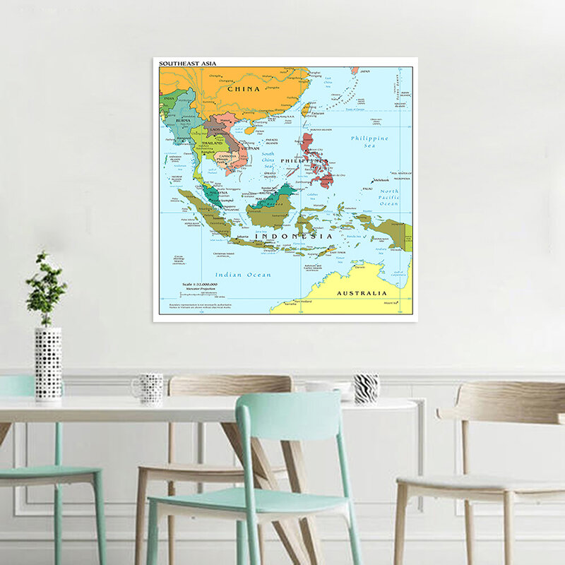 90*90Cm Peta Asia Tenggara Dalam Bahasa Inggris Lukisan Kanvas Non-woven Tanpa Bingkai Poster Dekorasi Rumah Perlengkapan Kelas Sekolah