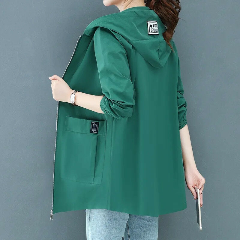 2024 Spring Autumn New Hooded Windbreaker Women Korean Casual Mid-Length Zipper Coat Female Casual Outerwear Loose Jacket B284