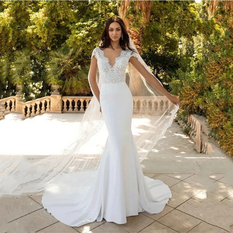 Classic Sexy Mermaid White Wedding Dress Satin Lace Short Sleeves Sexy Backless Button Pleat V-Neck Bridal Gown Sweep Train 2024