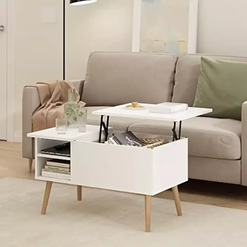 Coffee table with wooden leg lift, pure white, with hidden compartment and side-opening living room storage shelves