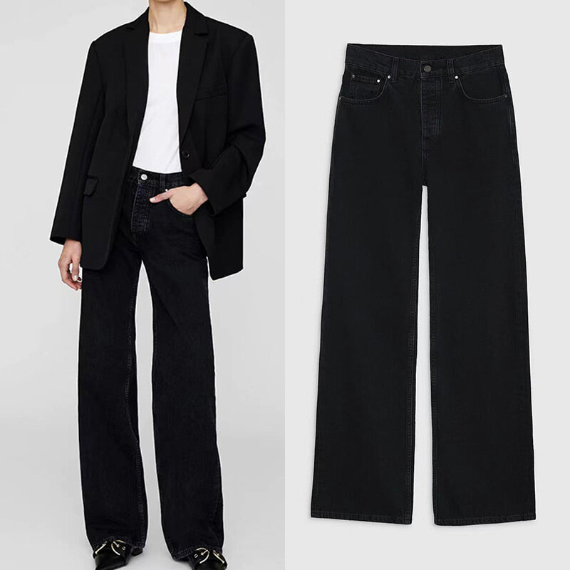 Jeans Moda Casual Feminina, Cintura Alta, Calça de Perna Larga Irregular