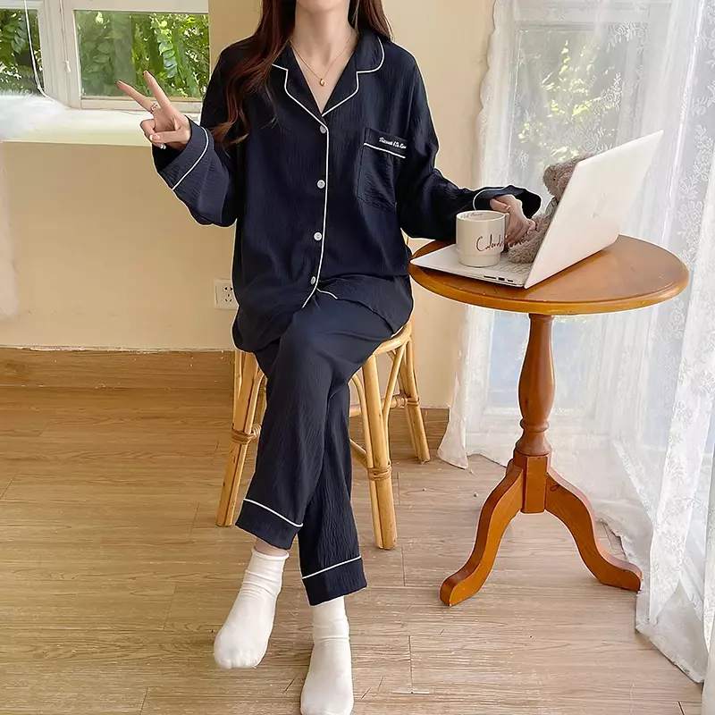 Plus Size Long Sleeve Womens Pajamas Set For Womens Sleep Two Piece Set Solid Color Loose Casual Sleepwear Ladies' Homewear