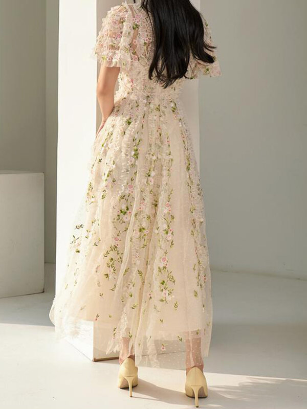 DEAT Elegant Dress Gauze Ruffles Short Sleeve Embroider High Waist Flower Women's Party Dresses 2024 Spring New Fashion 13DB5099