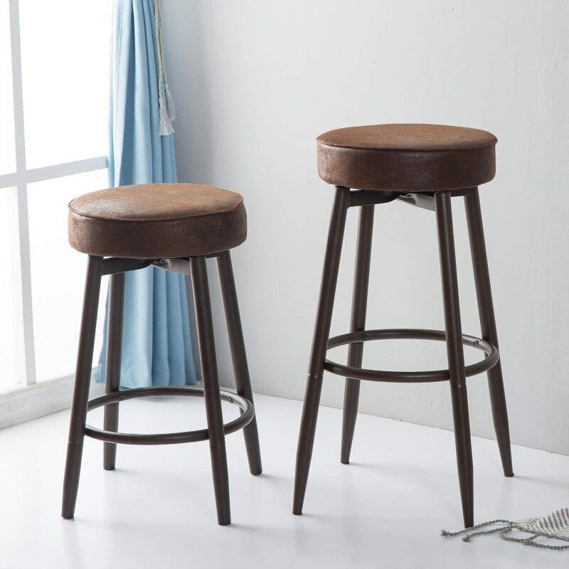 Swivel Kitchen Counter Stool, Industrial Backless Round Barstool with Cushion, 24 or 29 Inch Brown 1 Piece