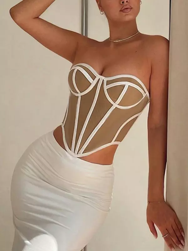 Fashion Women´s Summer Fitted Tube Tops Sleeveless Off Shoulder Contrast Color Bandeau Tops Streetwear