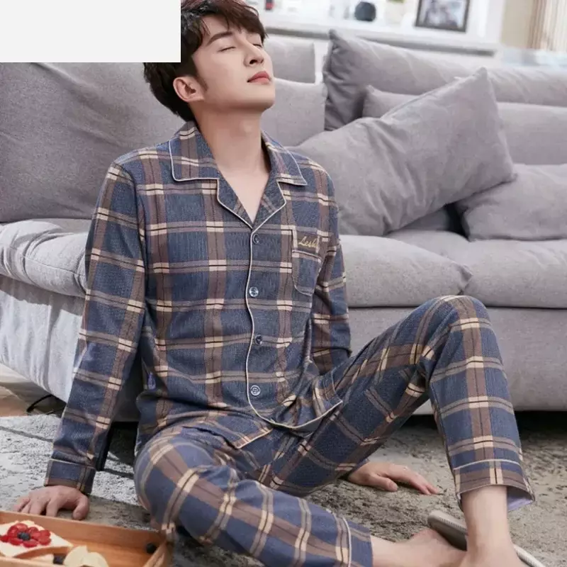 Pijama corto de algodón para hombre, ropa de dormir informal a rayas, de manga larga, para verano, 2021