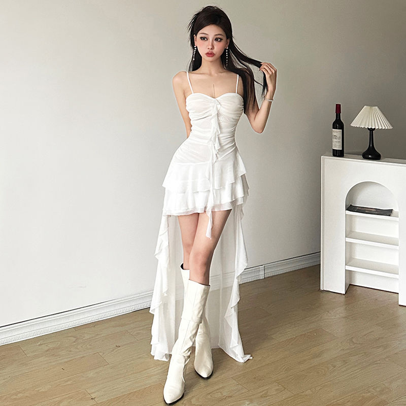 HOUZHOU-Vestido feminino de estética assimétrica, vestidos de malha sexy, sem mangas, vestido preto de baile, roupa doce, plissado, branco