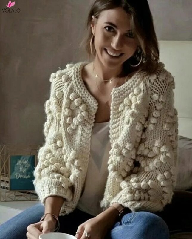VOLALO-Chaqueta de lana con bola de murciélago para mujer, suéter corto de línea gruesa, suelto y fino, cárdigan de otoño e invierno, novedad de 2024