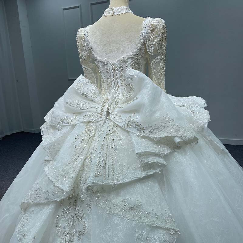 Popular Design Gorgeous Wedding Gown For Bride 2024 Ball Gown Organza Bow Full Sleeves Wedding Dress Lace Up Robe Mariage MN173