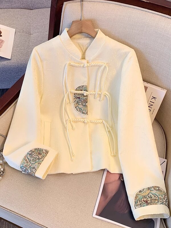 Camisa bordada con botones de estilo chino para mujer, Chaqueta corta de Jacquard para principios de primavera, novedad de 2024