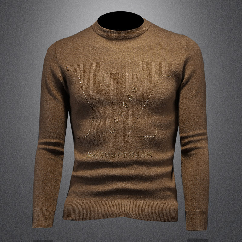 Suéter de lã personalizado masculino, pulôver espesso, gola média, slim fit, camisa de malha, suéteres, moda, primavera e outono, novo, 2024