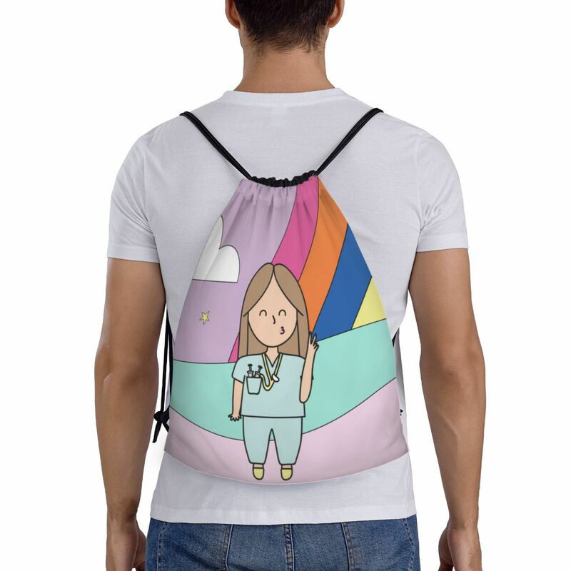 Cartoon Doctor Nurse stampato borsa con coulisse donna uomo pieghevole sport Gym Sackpack Shopping Storage zaini