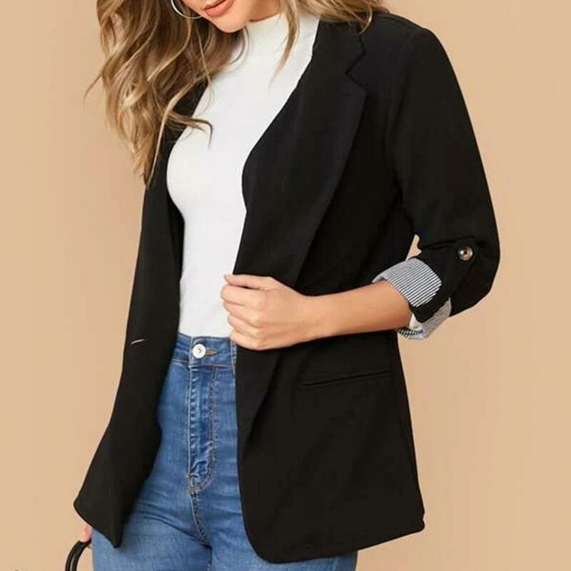Functional Pockets Women Suit Coat Elegant Lapel Suit Coat with Single Button Closure Pockets Women's 3/4 Sleeve for Workwear