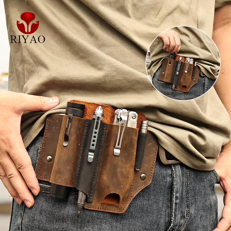 RIYAO Genuine Leather Multitool Sheath for Belt EDC Pocket Organizer Flashlight Pocket Knife Holster Pen Holder Men Waist Packs