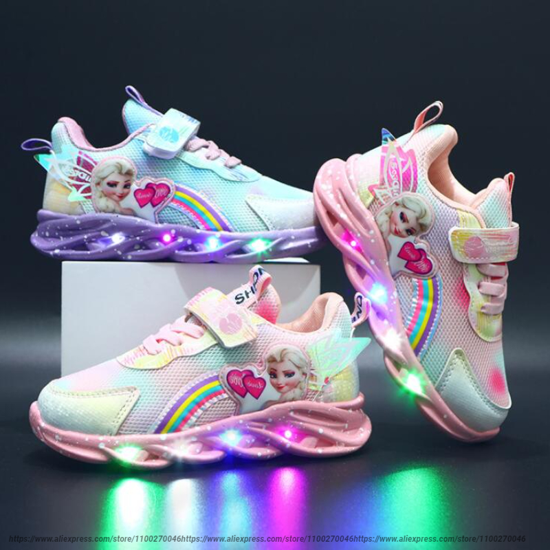 Disney Led Casual Sneakers Roze Paars Voor Lente Meisjes Bevroren Elsa Prinses Print Outdoor Schoenen Kinderen Verlichte Antislip schoenen