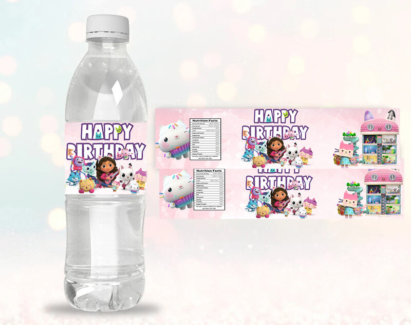 ملصقات زجاجة الماء الوردي ، بيت الدمى غابي ، هدايا الفتيات القط ، زينة طاولة عيد ميلاد ، لوازم حفلات استحمام الطفل