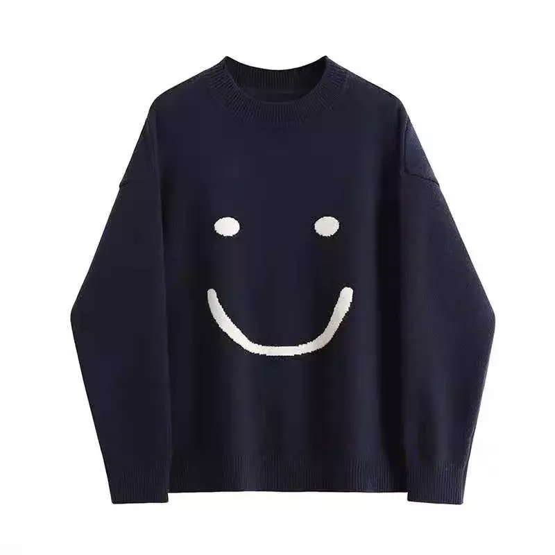 Sweater atasan leher O untuk wanita, Sweater atasan Pullover motif senyum longgar, Harajuku bergaya Korea musim gugur dan musim dingin 2023