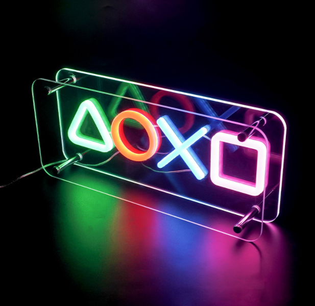 Símbolo de juego de neón, luz decorativa con forma de logotipo, LED, acrílico, precio de fábrica