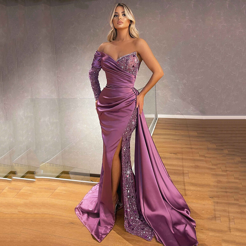 Wunderschöne arabische Frauen Abendkleider Satin Meerjungfrau Seite Split Fold Prinzessin Mode Promi Ballkleider formelle Party Robe de