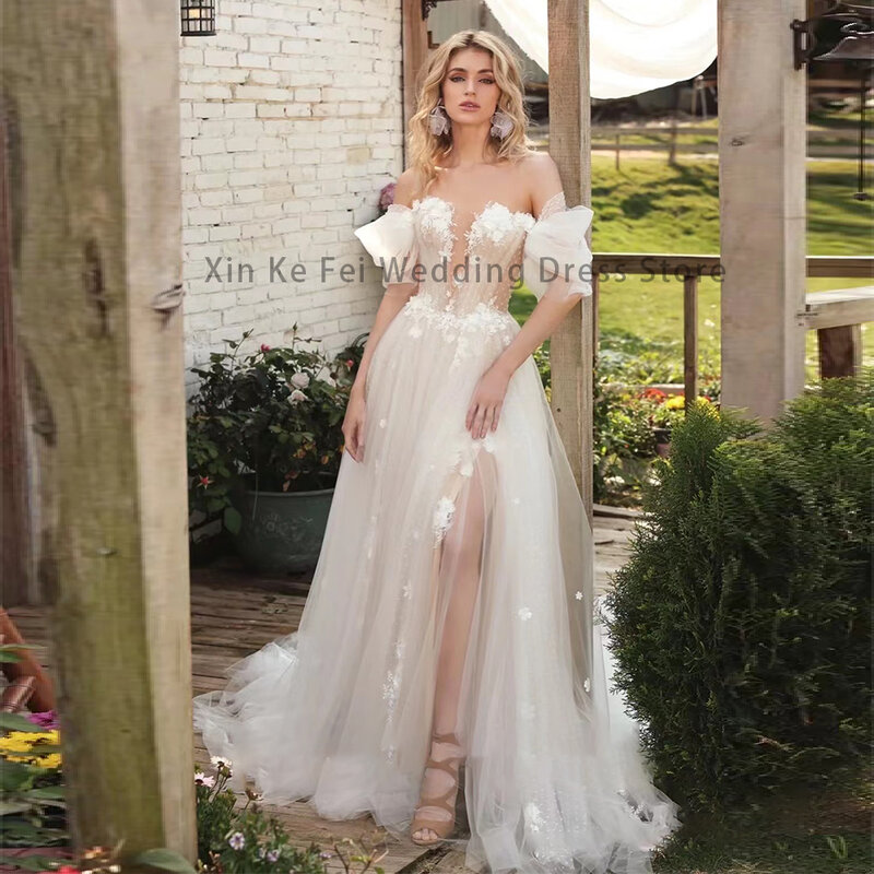 2023 Bohemian Wedding Kleider frauen Sexy Tiefem V-ausschnitt Off Schulter Abnehmbaren Blase Hülse A-Line Brautkleider Tüll Aufkleber Robe