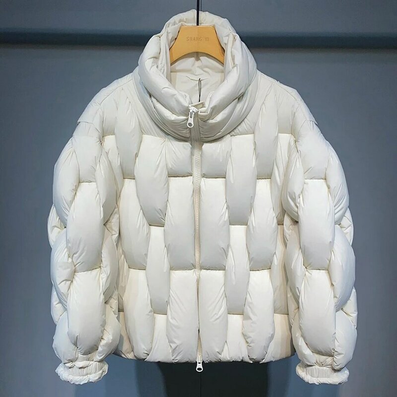 남성용 파카 패딩 재킷, 스퀘어 위브 하이 칼라 따뜻한 코트, 블랙 루즈 퍼퍼 버블 재킷, 럭셔리 디자이너 패션, 겨울