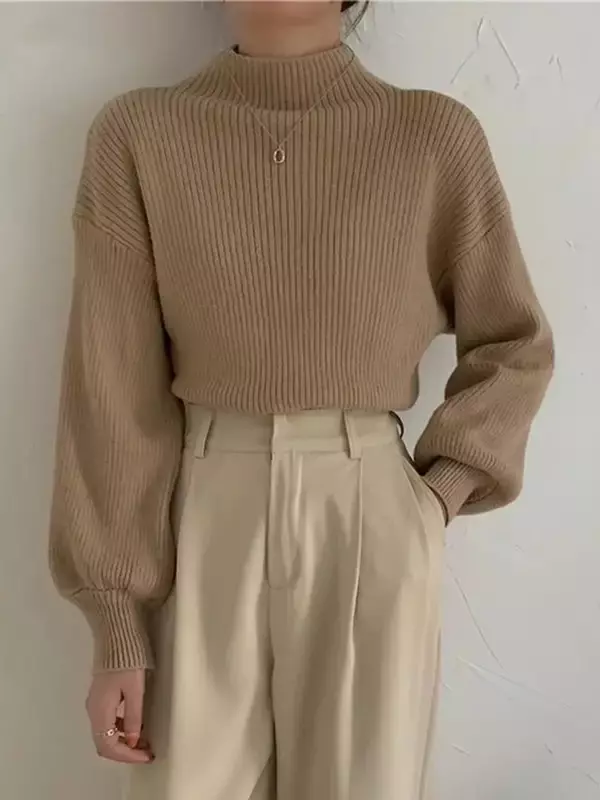 Suéter de Cuello medio alto para mujer, jersey de Color sólido, estilo coreano, versátil, manga de linterna, Top de punto, nueva Base