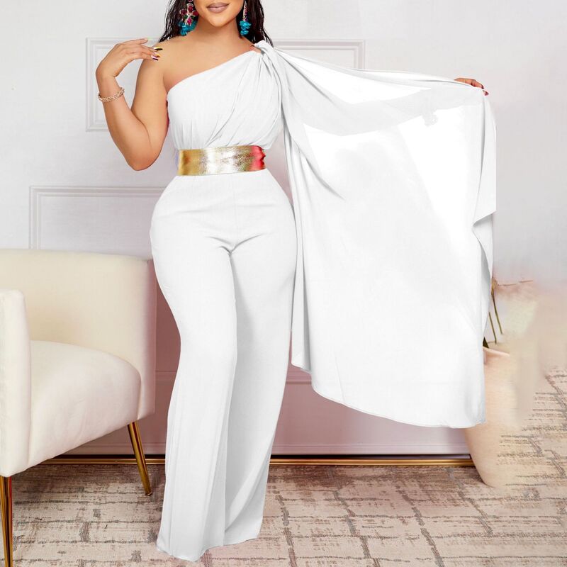 Pants Women 2024 Spring and Summer Fashion Temperament Oblique Collar Splicing Pleated High-waisted African Jumpsuit For Female