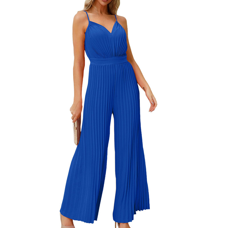 Fashion New Jumpsuits Summer Solid Color Suspender V-Neck Jumpsuits Casual Versatile Pressure Pleated Loose Wide Leg Rompers