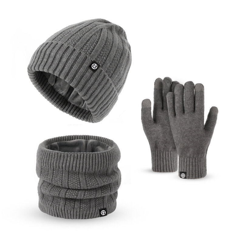 Knitted Wool Hat Set Hat Autumn Winter women's Cap Outdoor Warm Windproof Thickened Velvet Hat Scarf Gloves three-piece Set