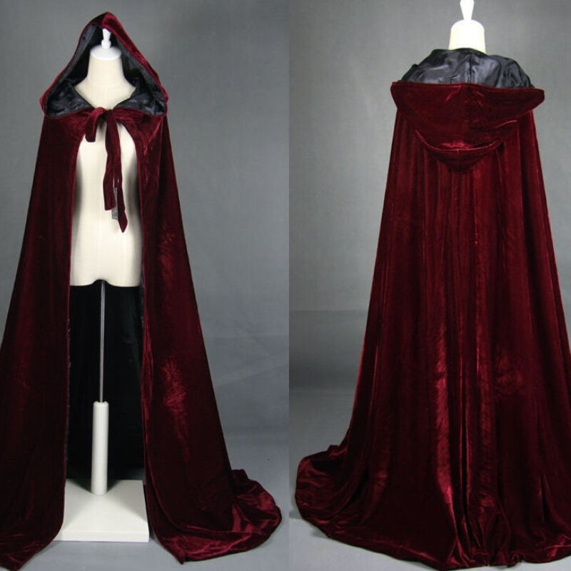 Vino rosso di velluto nero con cappuccio mantello del capo di nozze Halloween wicca robe cappotto Stock scialle da sposa medievale mantello