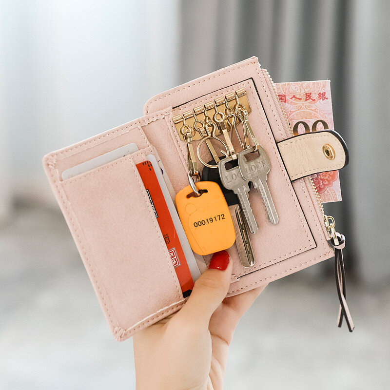 PU sarung kunci multifungsi wanita, kunci Mini gaya Korea dengan dompet koin dan Slot kartu warna kontras kepribadian