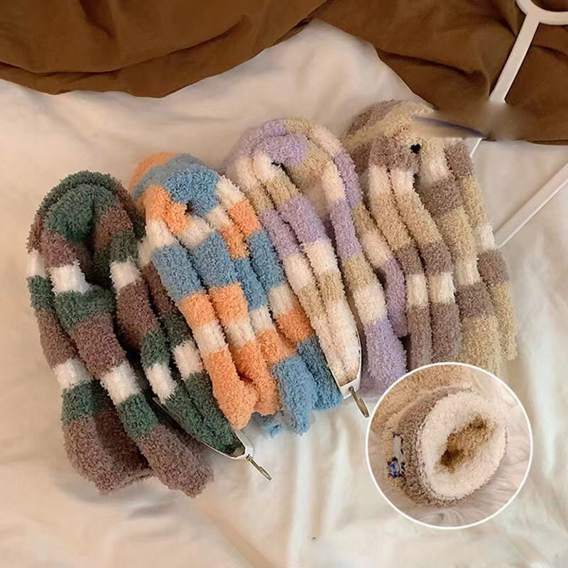 Women's Winter Warm Fluffy Socks Cute Embroidered Cartoon Stripe Fuzzy Socks Female Thick Coral Fleece Home Floor Sleep Socks