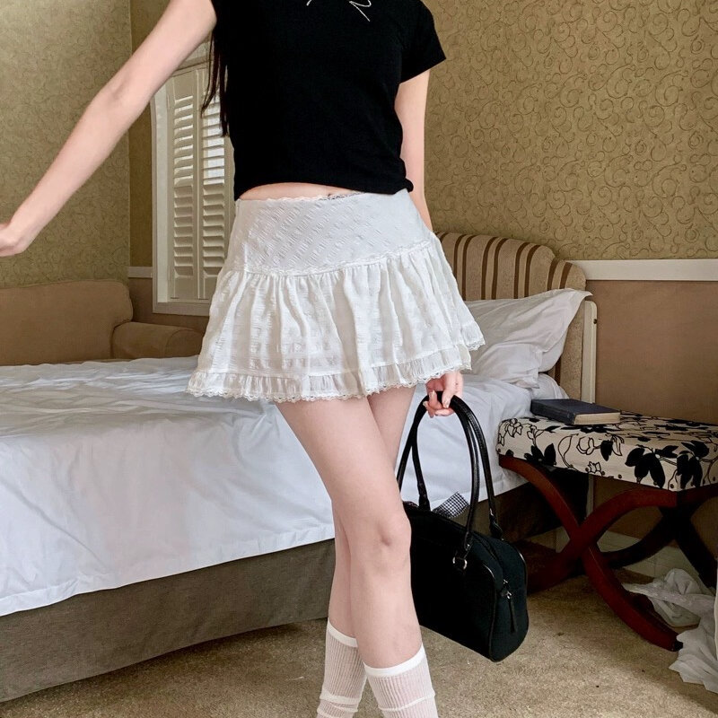 Rok Mini renda lipit Deeptown rok pendek Tulle berlapis gaya Korea manis Fairycore putih tekstur kasual lucu rok A-line