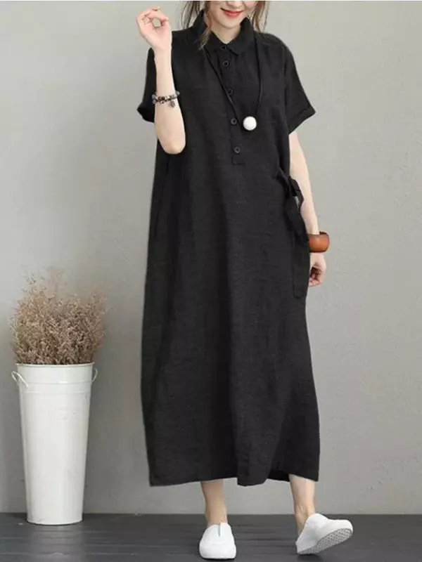 Vestido de verano de lino y algodón para mujer, prenda Vintage, informal, holgada, de manga corta, con solapa, largo de longitud media