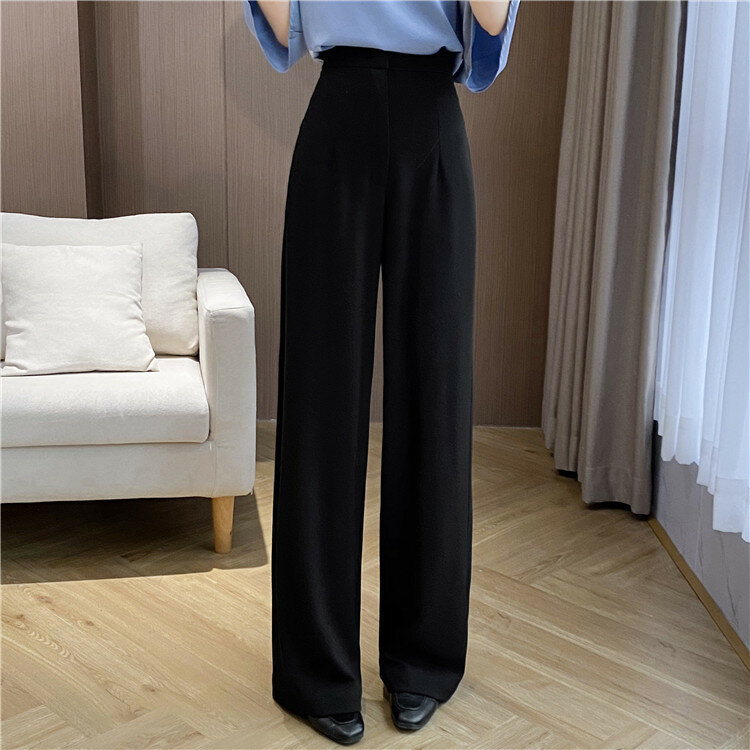 Spring Women Suit Pants Black Straight Wide-leg Tailored Trousers Casual Long Advanced Sense High Waist Drape Look Thin Blazer
